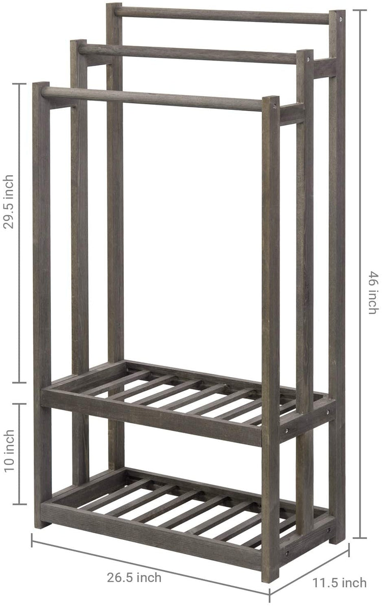 3-Tier Gray Wood Towel Rack with 2 Bottom Storage Shelves-MyGift
