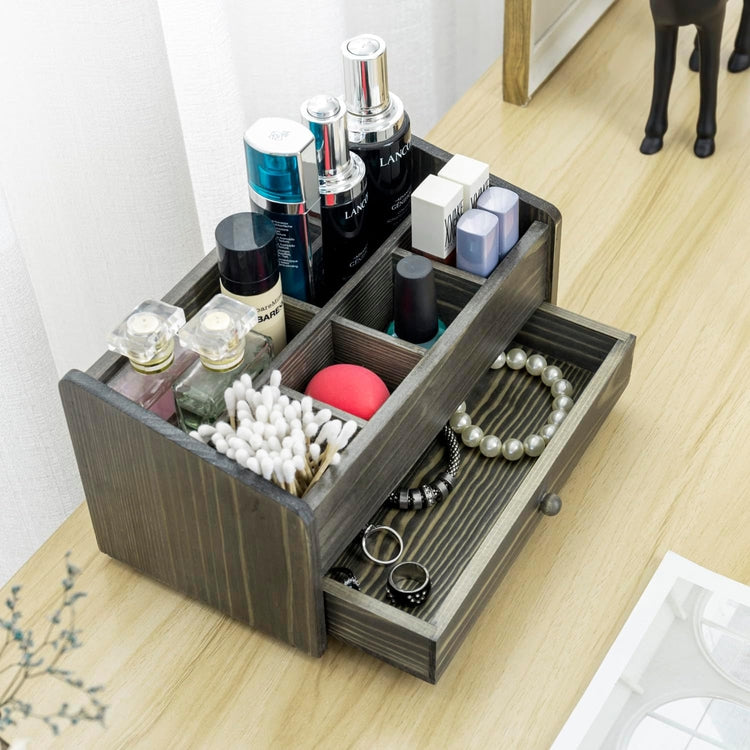 6 Compartment Gray Wood Modular Vanity Storage Box, Tabletop Angled Caddy for Jewelry Perfume Cosmetics Hair Accessories-MyGift