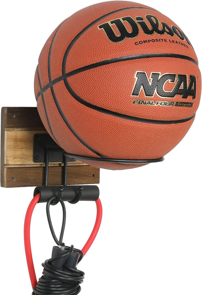 Wall Mounted Sports Storage Rack, Burnt Wood and Round Black Metal Ball Holder with Hanging Hooks-MyGift
