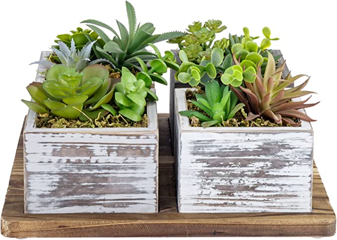Rustic Wood Planter Boxes and Base Tray, Decorative Artificial Succulent, 5 Piece Set-MyGift