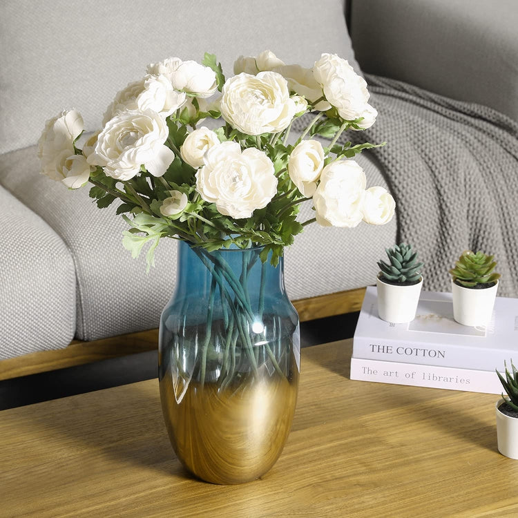 Modern Brass and Blue Gradient Glass Flower Vase, Floral Arrangement Centerpiece-MyGift