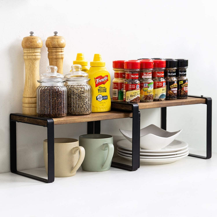 Set of 2, Dark Brown Burnt Wood and Matte Black Metal Stackable Kitchen Cabinet Shelf Risers, Countertop Shelves-MyGift