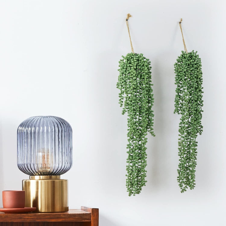Set of 2, 24 Inch String of Pearls Plants Artificial Succulent Plant, Indoor Wall Hanging White Ceramic Planter-MyGift