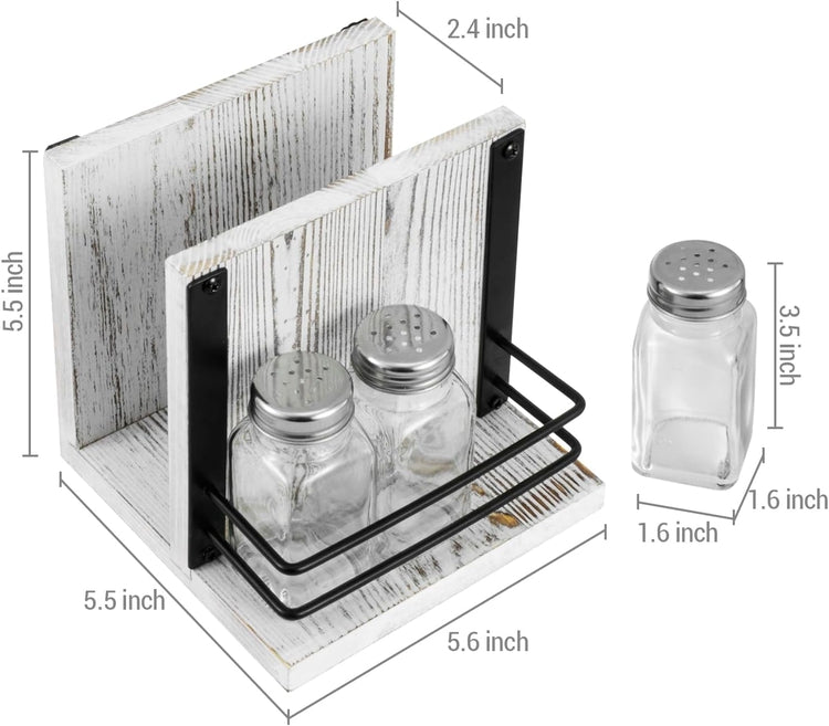 Whitewashed Wood Napkin Dispenser Stand with Matte Black Wire Condiment Caddy, 3 Shakers for Salt, Pepper, or Spices-MyGift