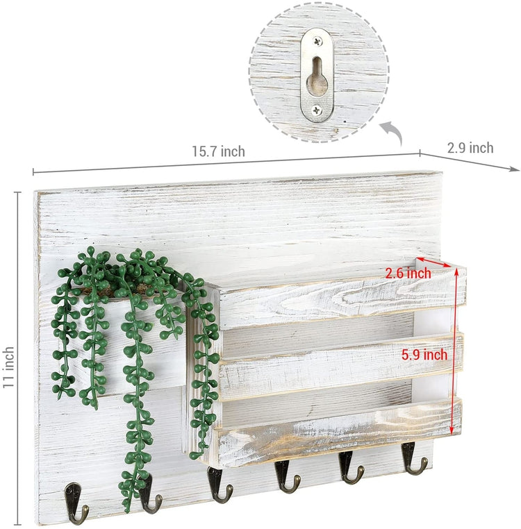 Whitewashed Wood Wall Mounted Entryway Mail Sorter with Key Hooks and Artificial String of Pearls Plant Decoration-MyGift