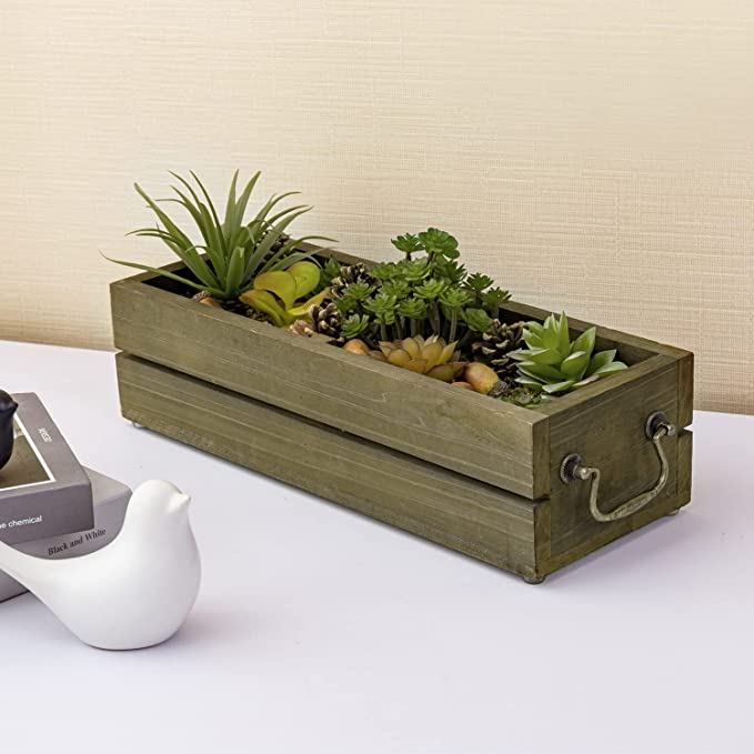 Artificial Succulent Plant in Brown Wood Planter, Tabletop Window Box Planter with Vintage Brass Metal Handles-MyGift