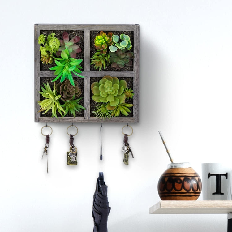Gray Wood Grid Design Wall Mounted Artificial Succulent Decorative Entryway Wall Art with 4 Key Storage Hooks-MyGift