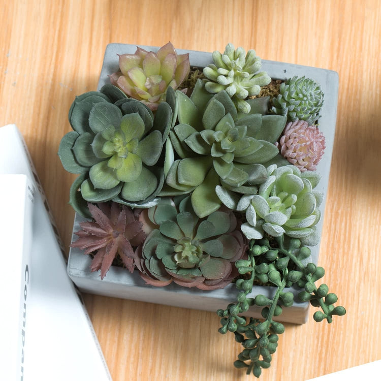 Artificial Assorted Succulent Faux Plants Arrangement in Square Concrete Pot, Decorative Tabletop Centerpiece-MyGift
