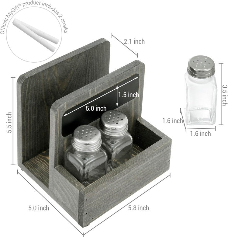 Vintage Weathered Gray Wood Napkin Holder and Spice Rack Caddy with Chalkboard Label and 3 Glass Spice Shakers-MyGift