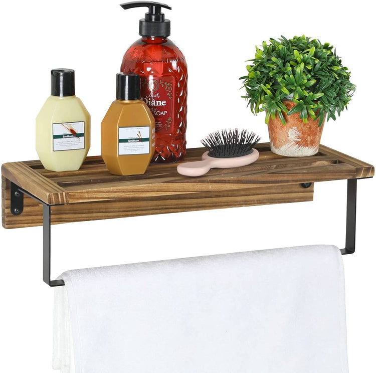 Burnt Wood and Black Metal Wall-Mounted Towel Rack with Bath Storage Shelf-MyGift