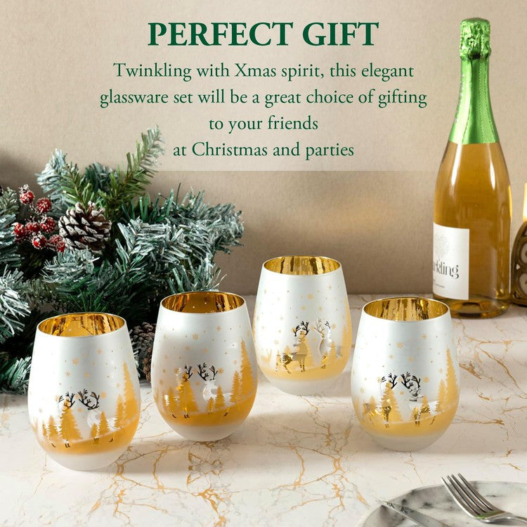 Christmas Brass Tone Stemless Wine Drinking Glasses, Glass Drinkware Cups for Xmas Party, Set of 4-MyGift