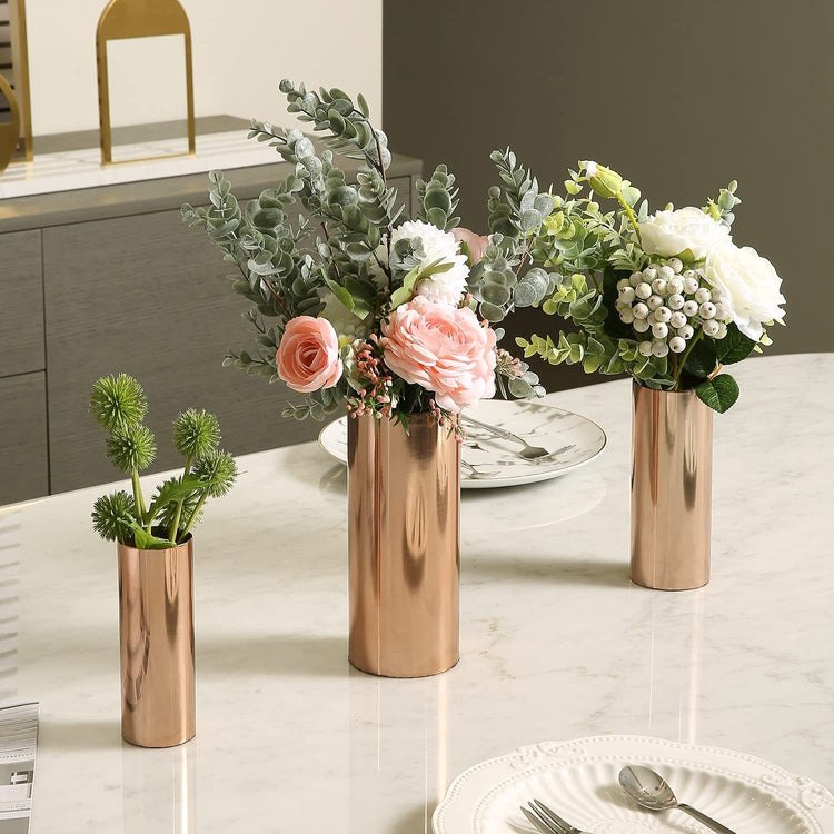 Set of 3, Tall Copper Tone Metal Cylinder Flower Vases-MyGift