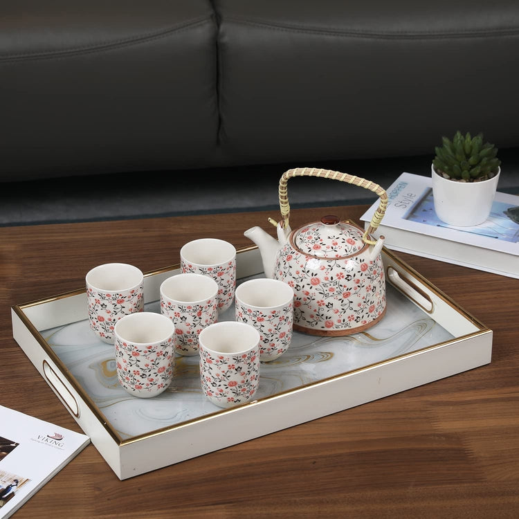 Japanese Ceramic Tea Service Set Pink Rose Pattern Design, Teapot with Bamboo Top Handle, Tea Leaf Strainer, 6 Teacups-MyGift