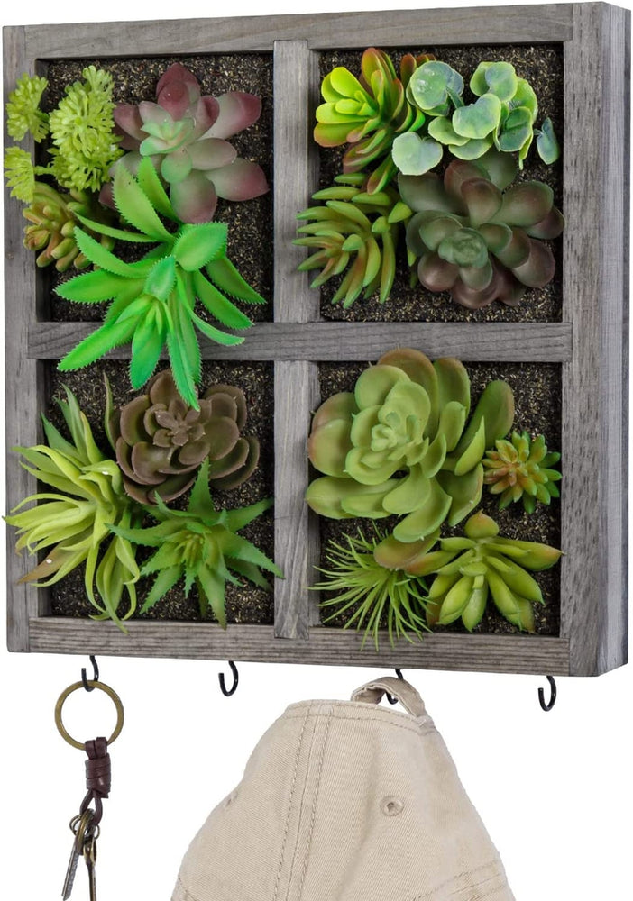 Gray Wood Grid Design Wall Mounted Artificial Succulent Decorative Entryway Wall Art with 4 Key Storage Hooks-MyGift