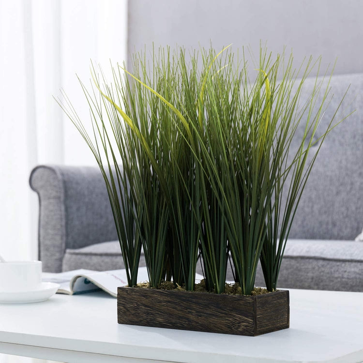 16 Inch Artificial Shrubs Onion Grass, Faux Greenery Plants in Rectangular Brown Wood Planter Box-MyGift