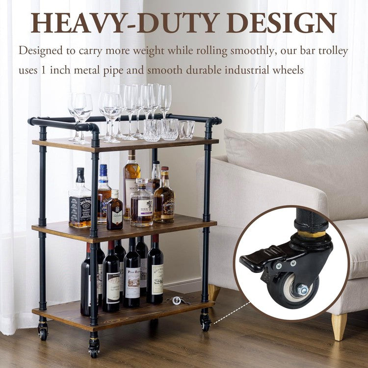 Tiered Bar Cart Burnt Wood Industrial Black Metal Pipe Wine Cart with Rolling Wheels, Decorative Pipe Serving Trolley-MyGift