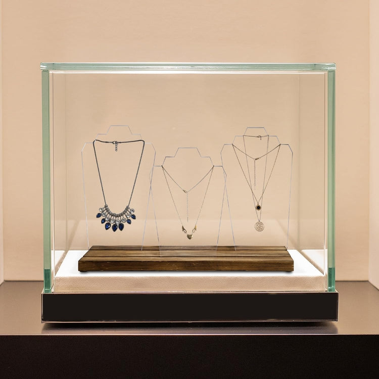 3 Panel Clear Acrylic Necklace Holder with Wood Base, Jewelry Display Stand-MyGift