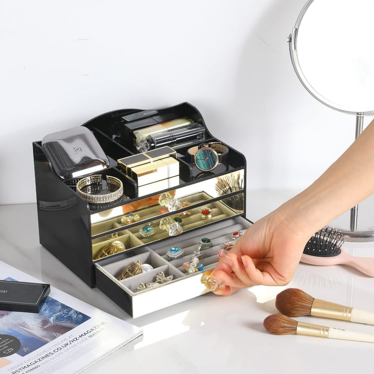 Black Acrylic Jewelry Box, Art Deco Mirrored Brass Tone Storage Drawer Organizer with Velvet Jewelry Tray Liners-MyGift