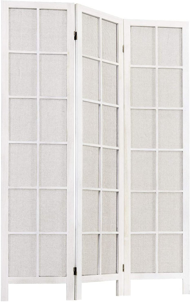 3-Panel, Whitewashed Wood Room Divider with Semitransparent Fabric Screen-MyGift