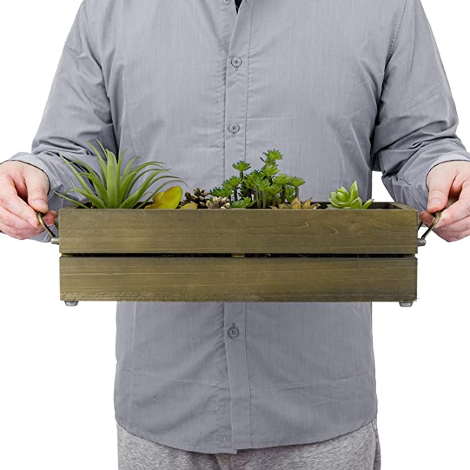 Artificial Succulent Plant in Brown Wood Planter, Tabletop Window Box Planter with Vintage Brass Metal Handles-MyGift