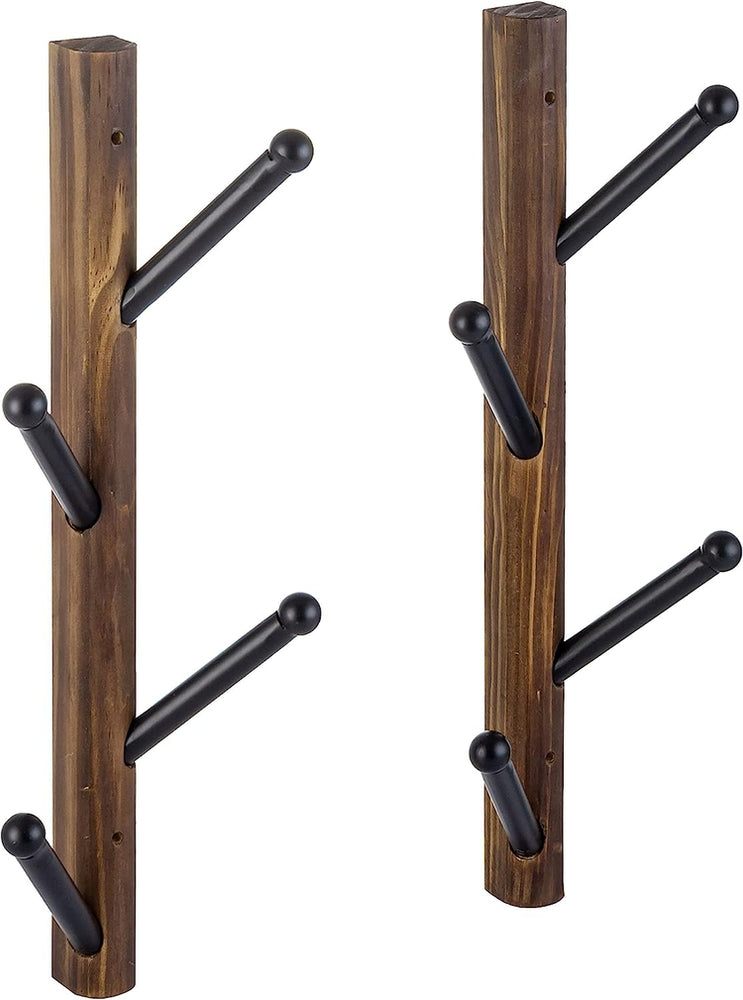 Set of 2, Wood and Black Metal Coat Rack, Vertical Wall Mounted Hat Hanging Coat Tree Hook Rack-MyGift
