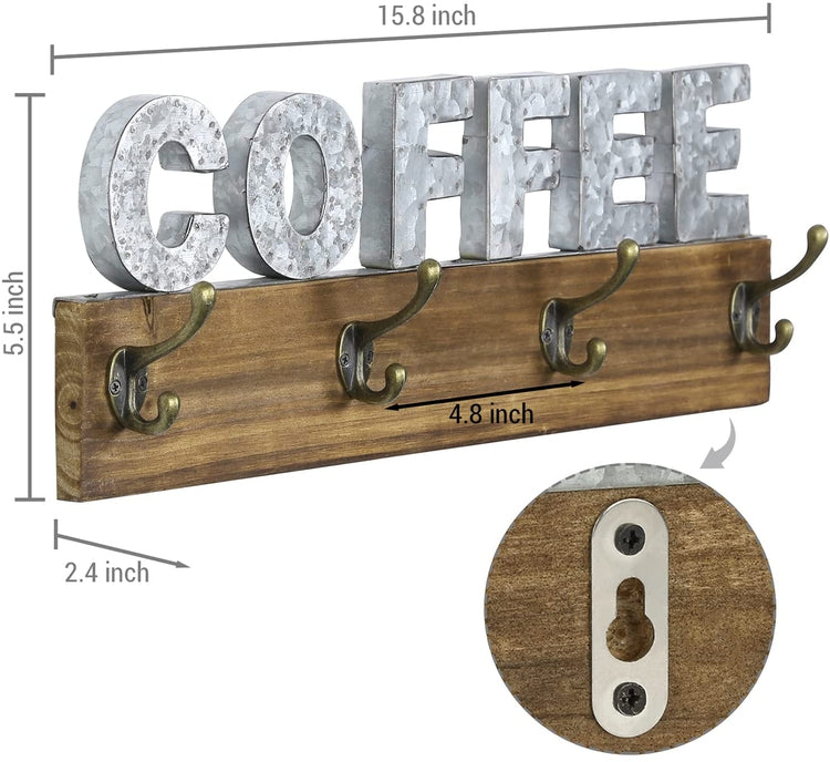 Wall Mounted Coffee Mug Rack with 8 Hooks, Rustic Burnt Wood with Galvanized Silver Metal Hanging COFFEE Sign Cup Holder-MyGift