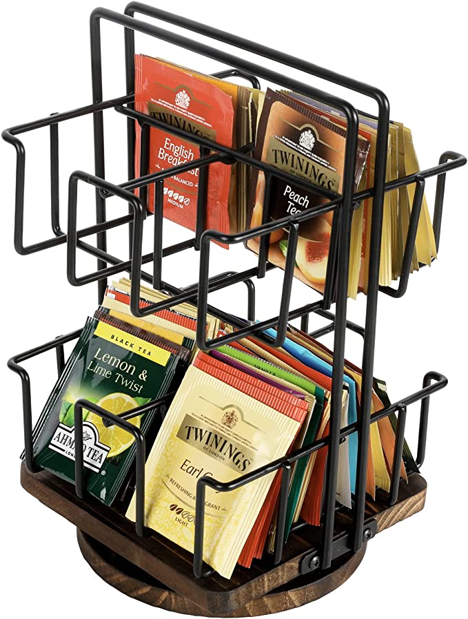 8 Compartment Matte Black Metal Wire Tea Bag Holder with Rotating Burnt Wood Lazy Susan Base-MyGift