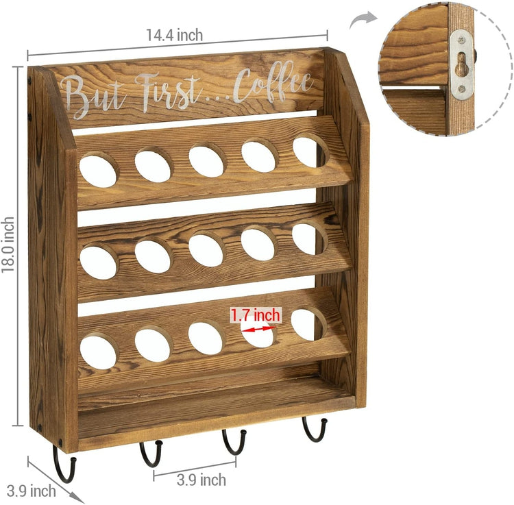 Wall Mounted Coffee Bar Organizer, Burnt Wood Coffee Pods Holder Storage Rack with Mug Hooks and But First...Coffee Sign-MyGift