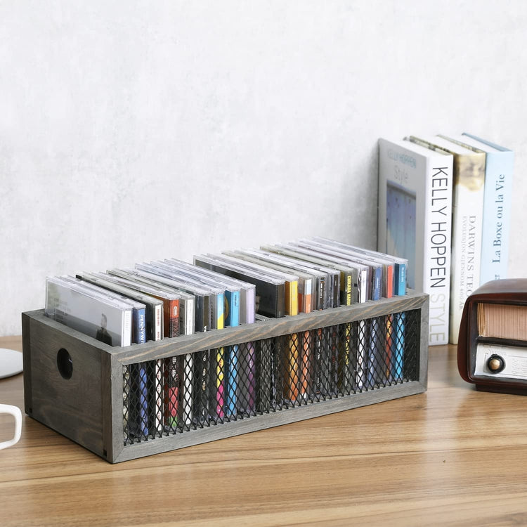 Gray Wood CD Storage Box, Tabletop Compact Disc Holding Rack with Metal Mesh Wire Sides-MyGift