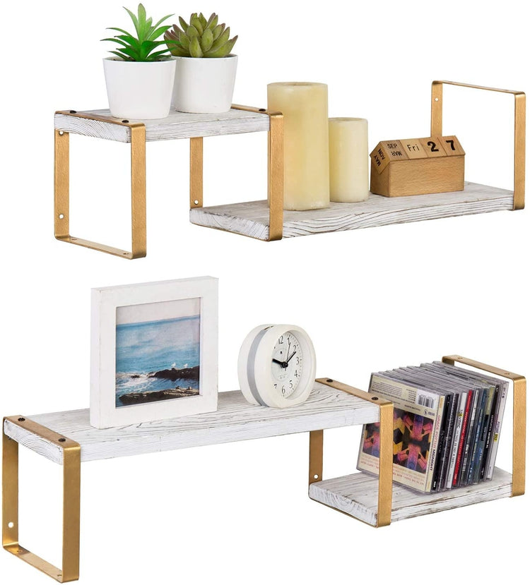 Wall Mounted Whitewashed Wood Floating Shelves with Modern Brass Metal