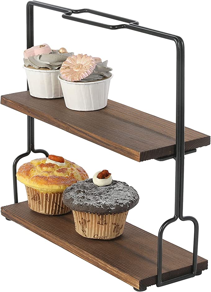 2-Tier Burnt Brown Wood and Metal Dessert Display Rack Pastry Holder, Cupcake Dessert Serving Stand-MyGift