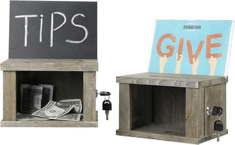 Set of 2, Gray Wood Lockable Suggestion Box, Donation Box with Removable Chalkboard and Acrylic Sign Holder-MyGift