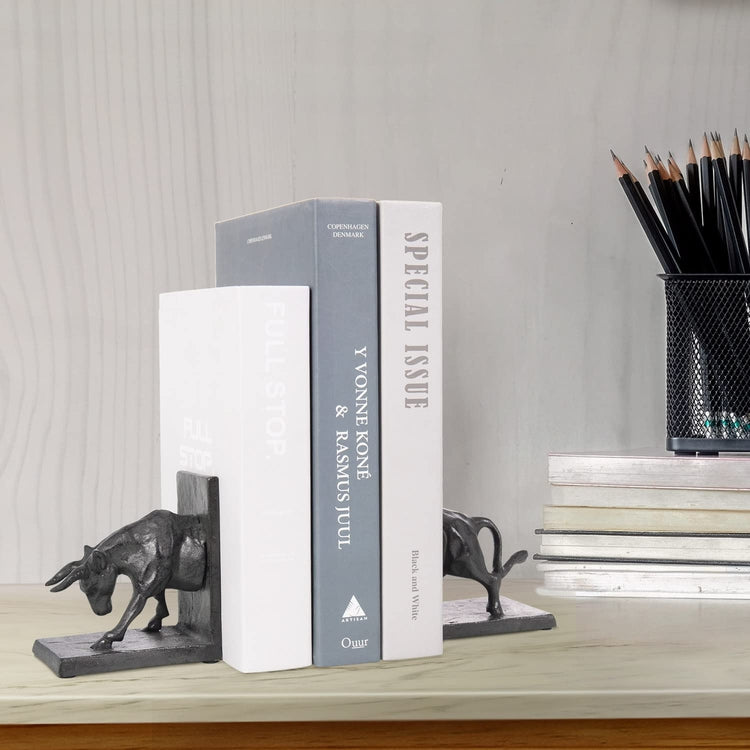 Dark Brown Cast Iron Bookends for Heavy Books, Sculptural Wall Street Raging Bull Design Book Stand, 2 Piece Set-MyGift