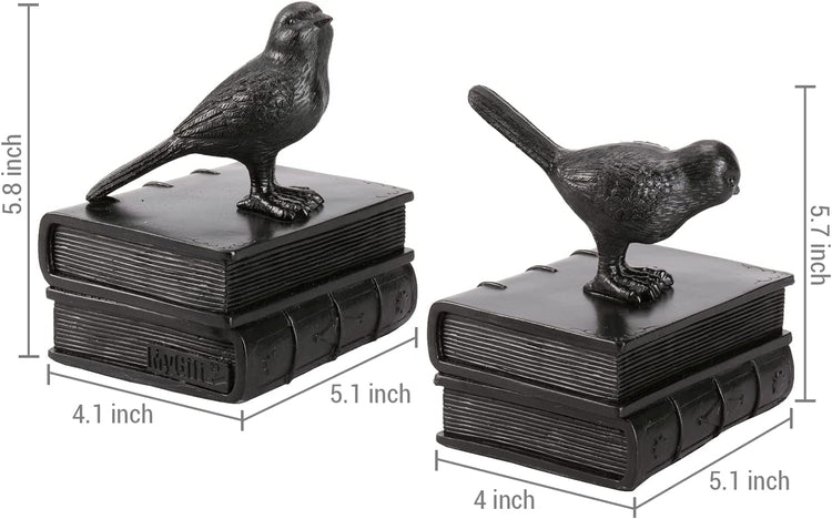Bookends with Birds and Books, Matte Black Resin Book Supports, 1 Pair-MyGift