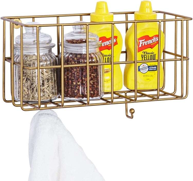 Antique Brass Tone Metal Wire Bathroom Shower Caddy Wall Mounted Storage Rack Shelf Baskets-MyGift