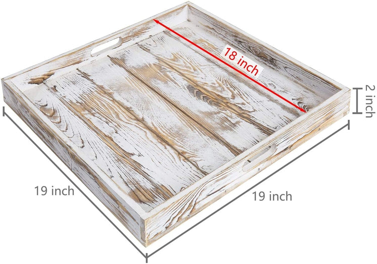 19-Inch Square Whitewashed Wood Ottoman Tray, Serving Tray with Cutout Handles-MyGift