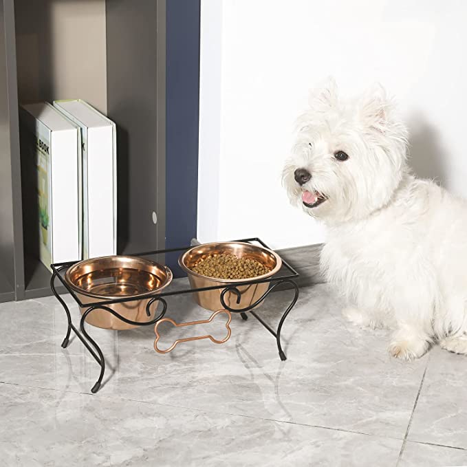 Dog Food Bowl Stand for Small Dogs Pet Feeder, Raised Dog Bowls with Bone Decoration and 2 Copper-MyGift