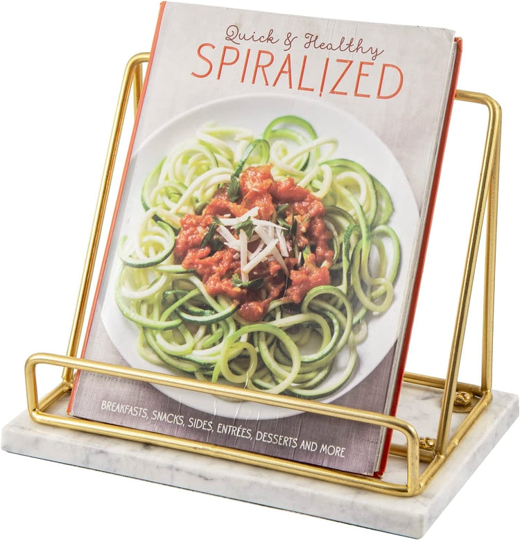 Brass Metal Wire and White Marble Kitchen Cookbook Stand, Countertop Recipe Book and Tablet Holder-MyGift