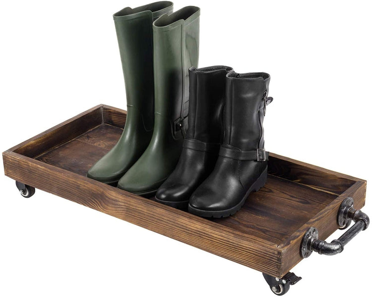 30-Inch Rustic Wood Rolling Boot Tray with Metal Pipe Handles-MyGift