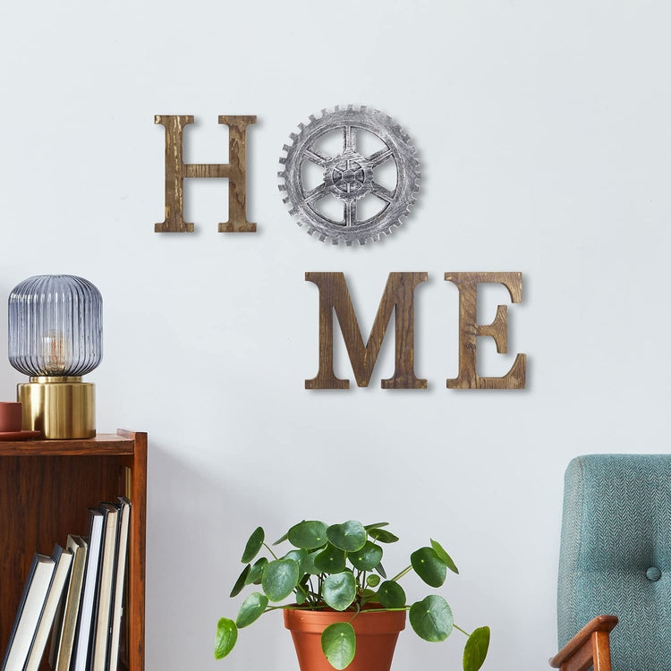 Rustic Burnt Wood Wall Mounted HOME Letter Sign with Industrial Gear Decoration-MyGift
