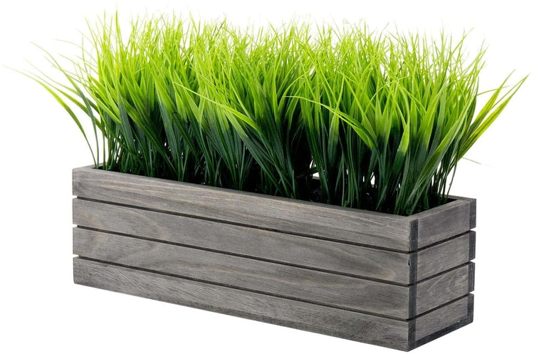 Artificial Faux Grass Plant in Vintage Gray Wood Rectangular Crate Style Planter Window Box-MyGift