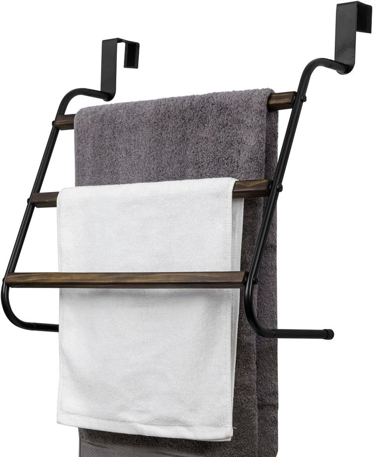 3 Tier Black Metal and Rustic Dark Burnt Wood Over-The-Door Towel Rack, Bathroom Door Drying Towels Hanger-MyGift