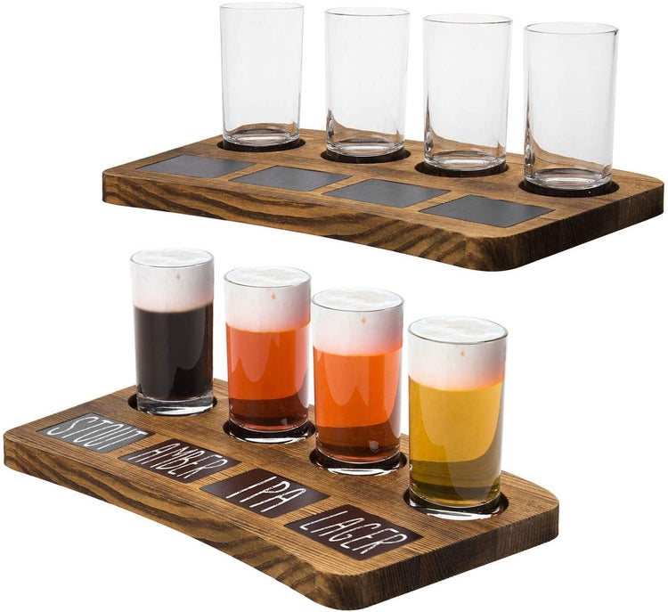 Set of 2, Dark Brown Wood 4-Glass Beer Flight Sampler Trays with Chalkboard Labels-MyGift