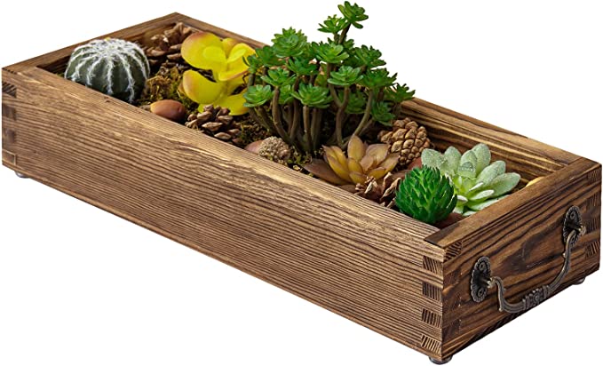 Dark Brown Wood Decorative Artificial Succulents, Tabletop Window Box Planter with Vintage Style Brass Side Handles-MyGift