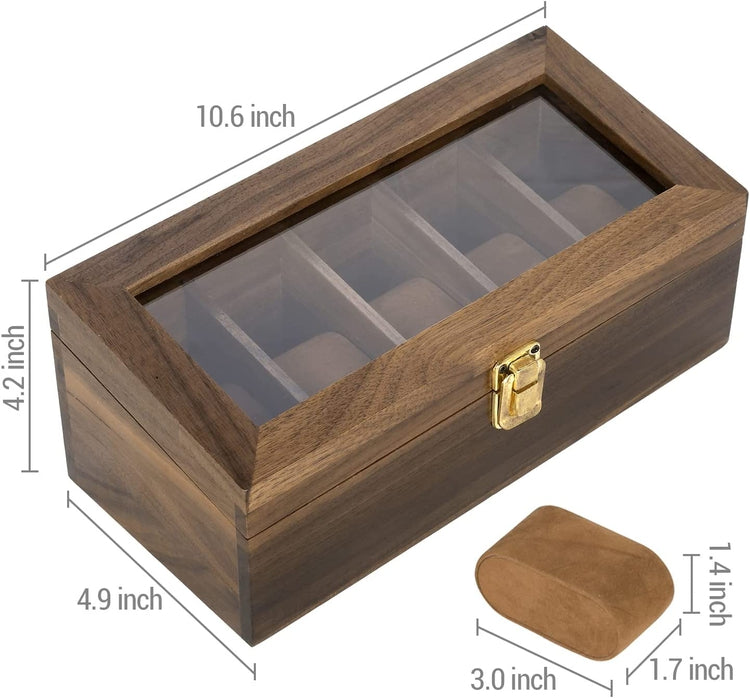 Walnut Wood Wristwatch Storage Box, Tabletop Watch Display Case with Clear Acrylic Lid and Removable Brown Velvet Pads-MyGift