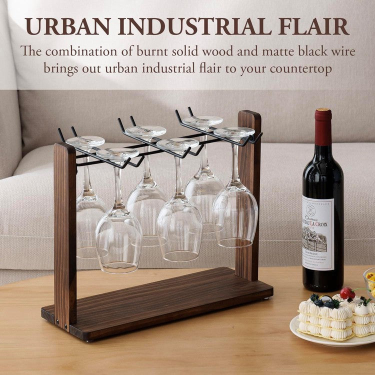 Brown Wood and Black Metal Wine Glass Holder, Drying Rack for Drinking Glasses, Goblets, Flutes-MyGift