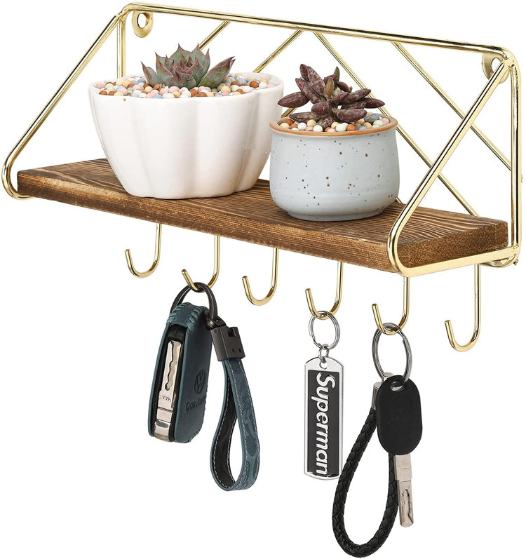Brass Metal and Burnt Wood Entryway Key Holder Rack with 6 Hooks and F ...
