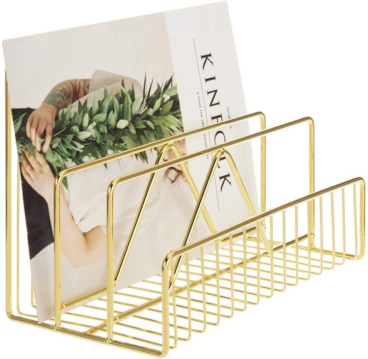 3-Slot Modern Brass Wire Desktop Mail Sorter, Metal Letter Organizer Rack-MyGift