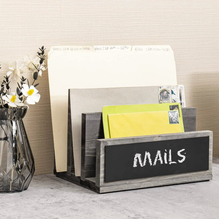 3 Slot Mail Sorter, Gray Wood Letter Organizer, Document Desk Filing Folder Storage Holder with Chalkboard Label-MyGift