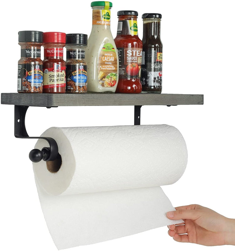 Gray Wood and Matte Black Wall Mounted Kitchen Paper Towel Holder with Top Storage Shelf-MyGift